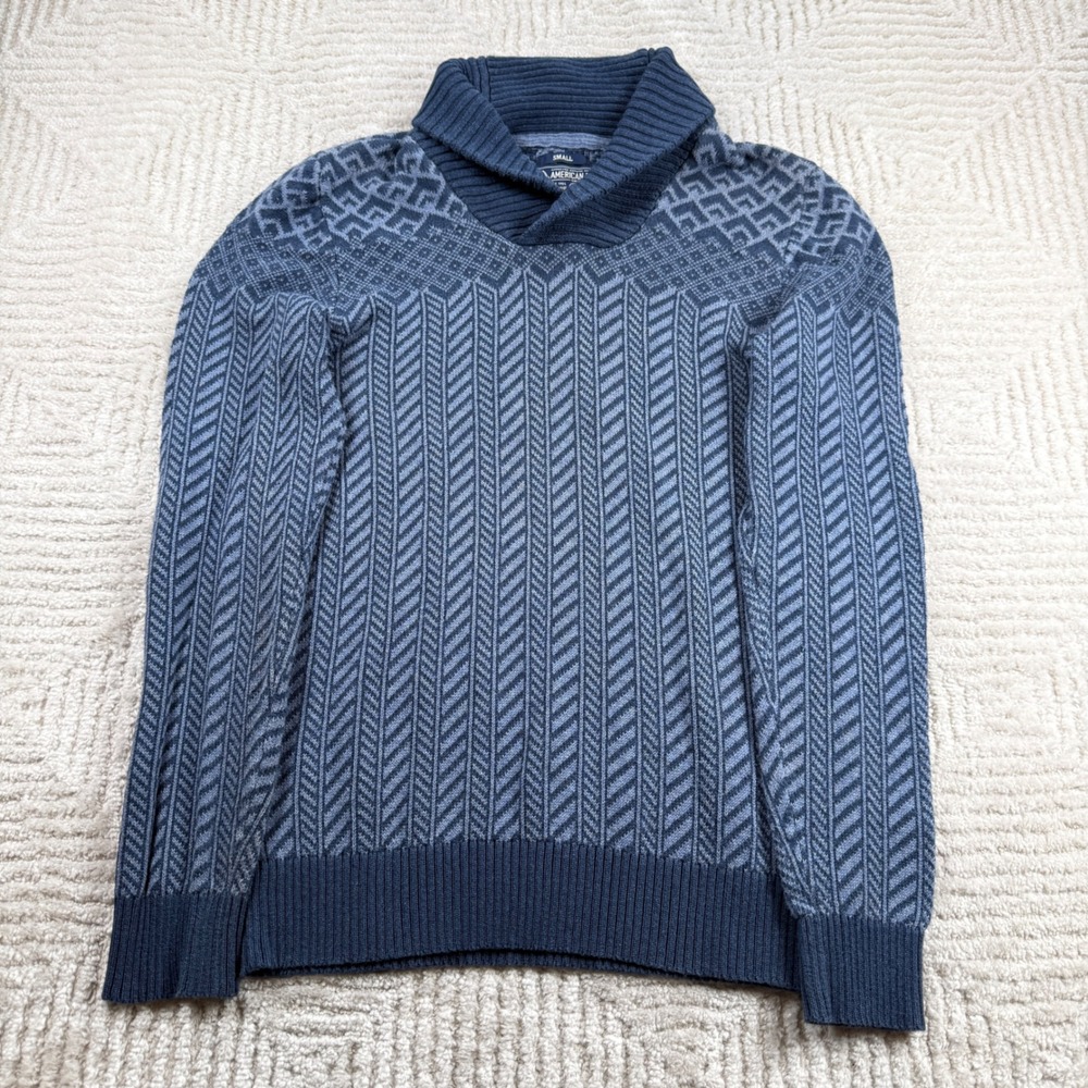American Rag Shawl Collar Sweater Mens S Blue Geometric Chevron Pullover Preppy